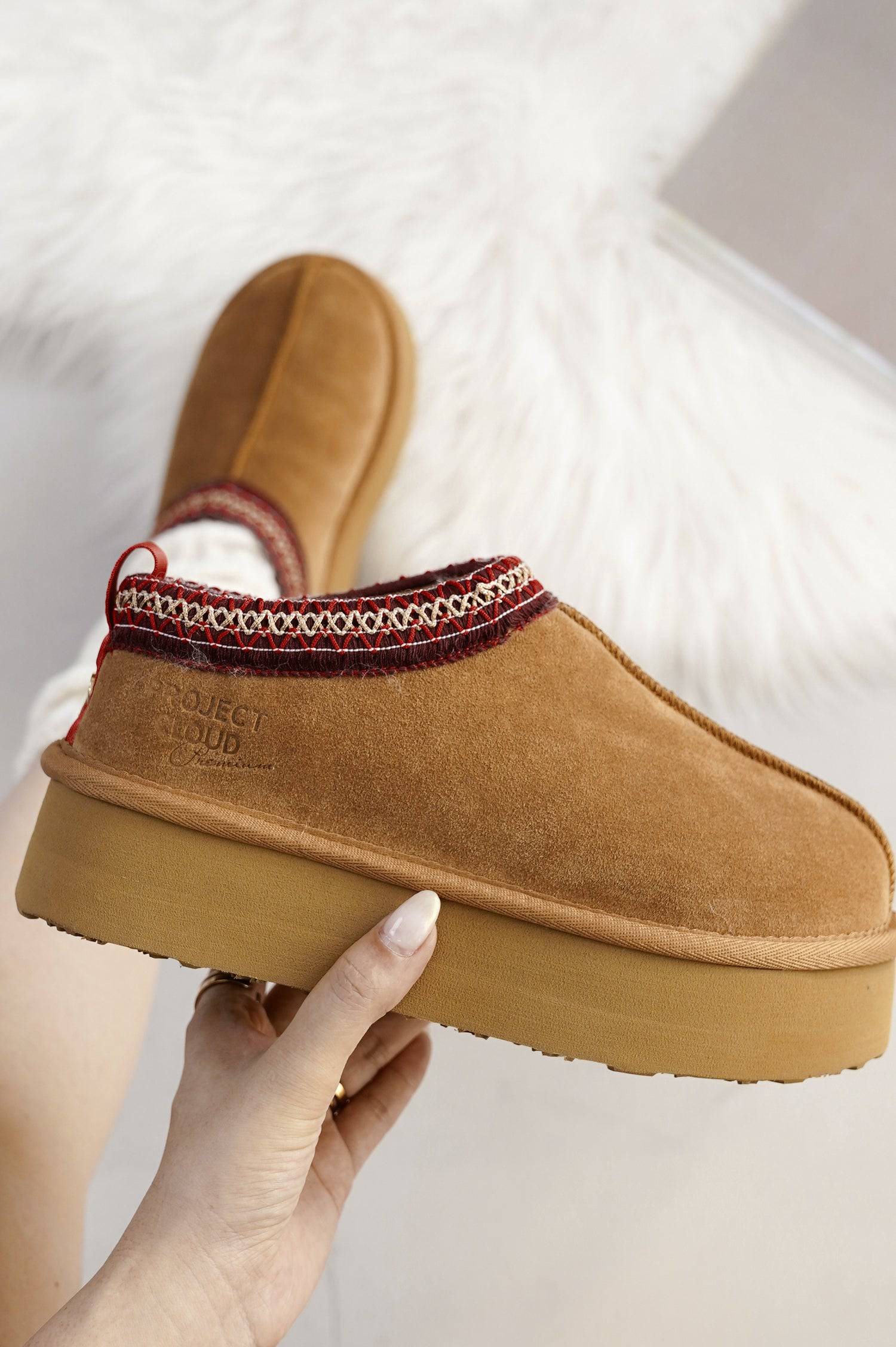 Project Cloud Sayre platform slippers in brown suede with geometric collar, faux fur lining, and memory foam