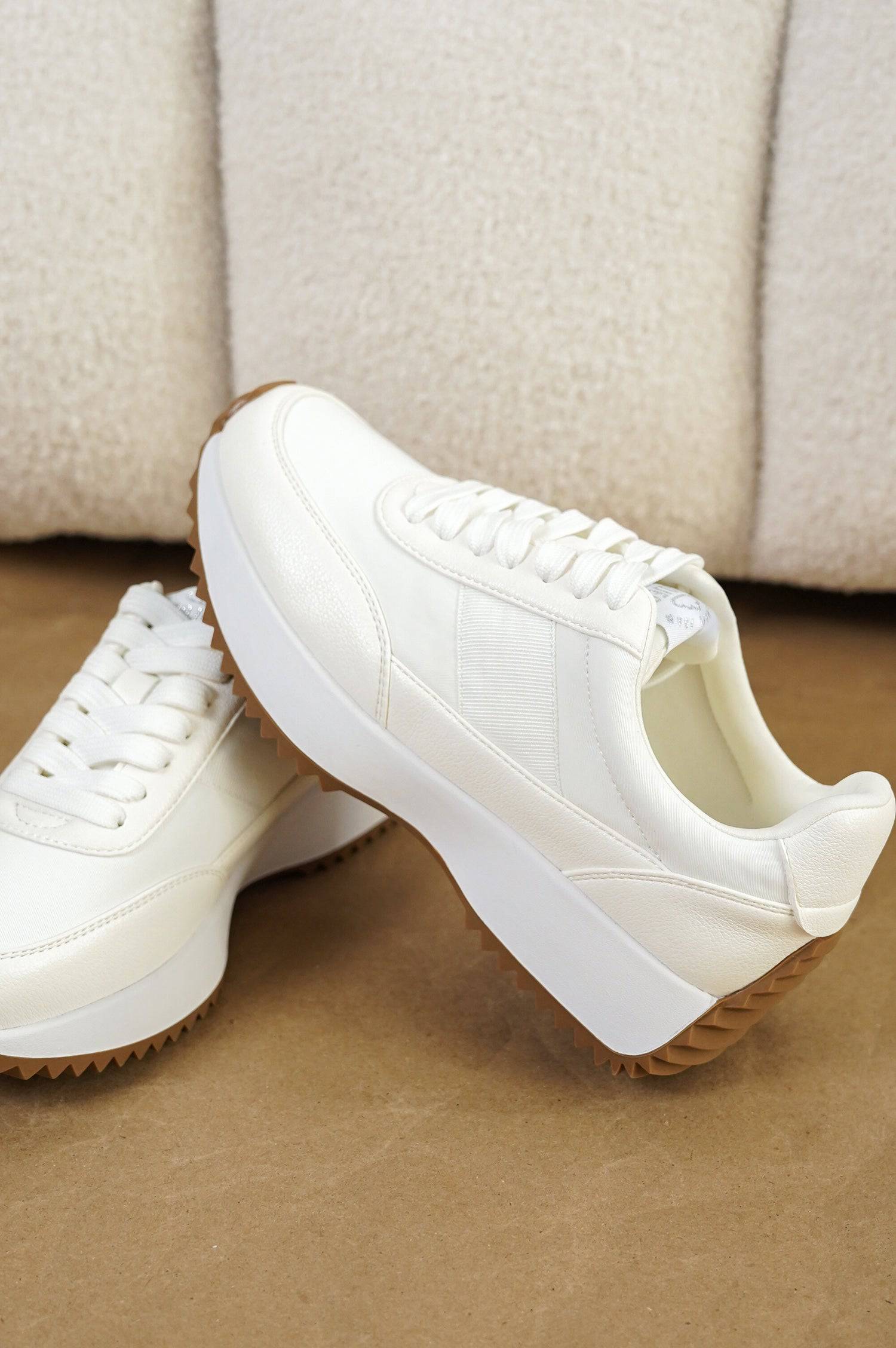 White Project Cloud Serena sneakers, lace-up design, brown sole, memory foam, women's comfortable work shoes.