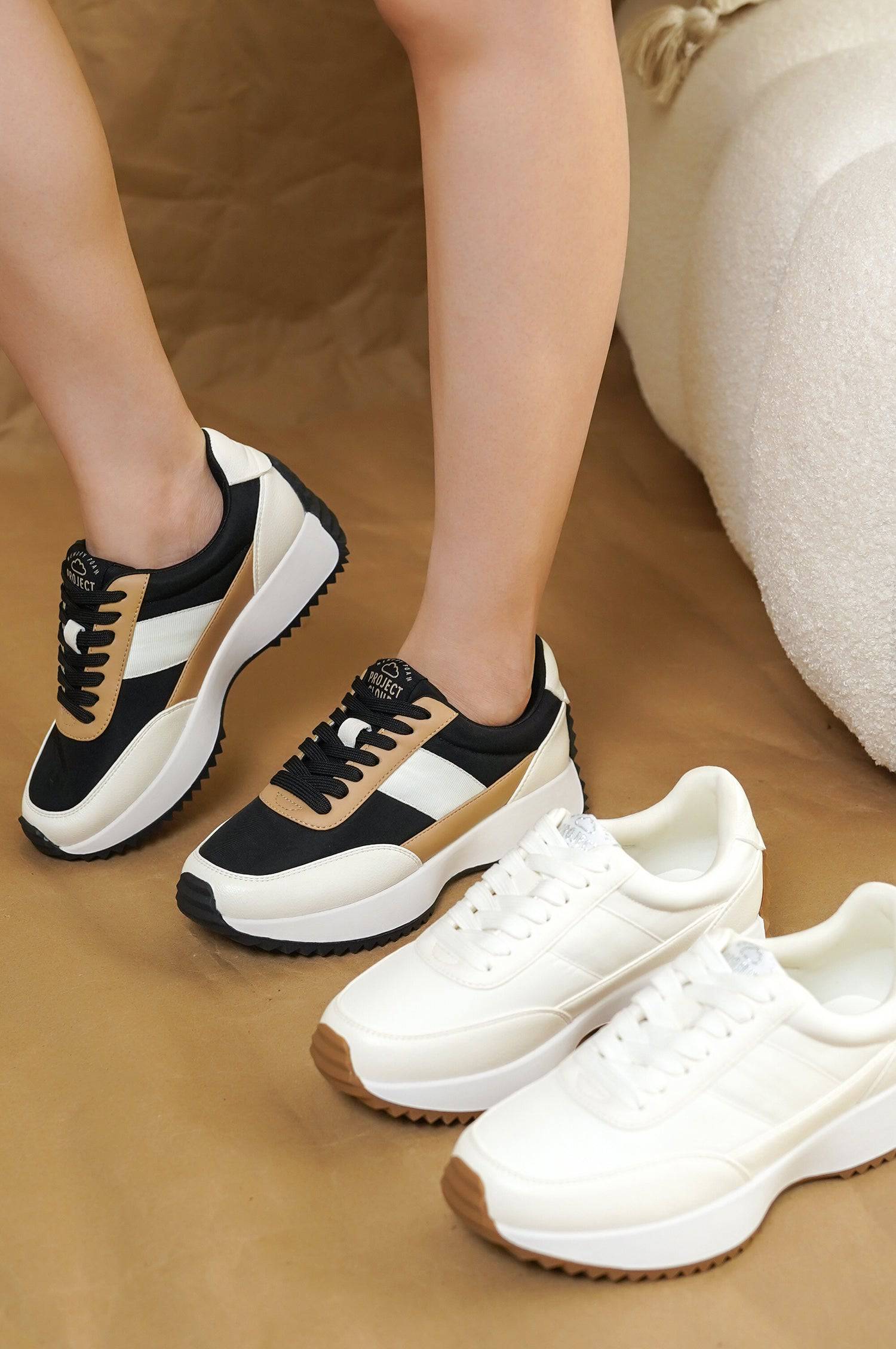 Project Cloud Serena sneakers, women's black, white, and tan color block, memory foam, lace-up design, and non-slip sole.