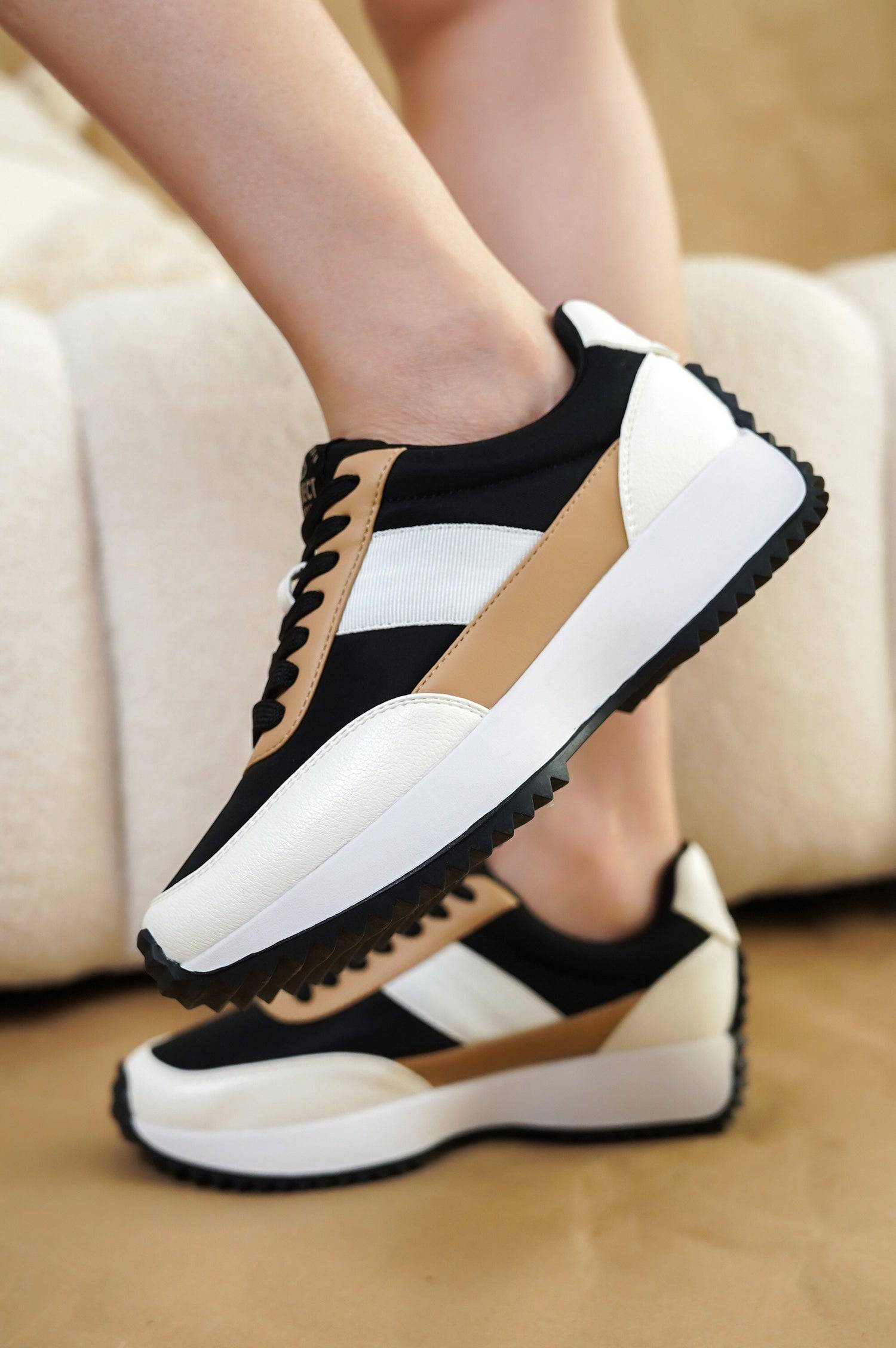 Project Cloud Serena women's sneakers in black, white, and tan color block design, lace-up, non-slip sole.