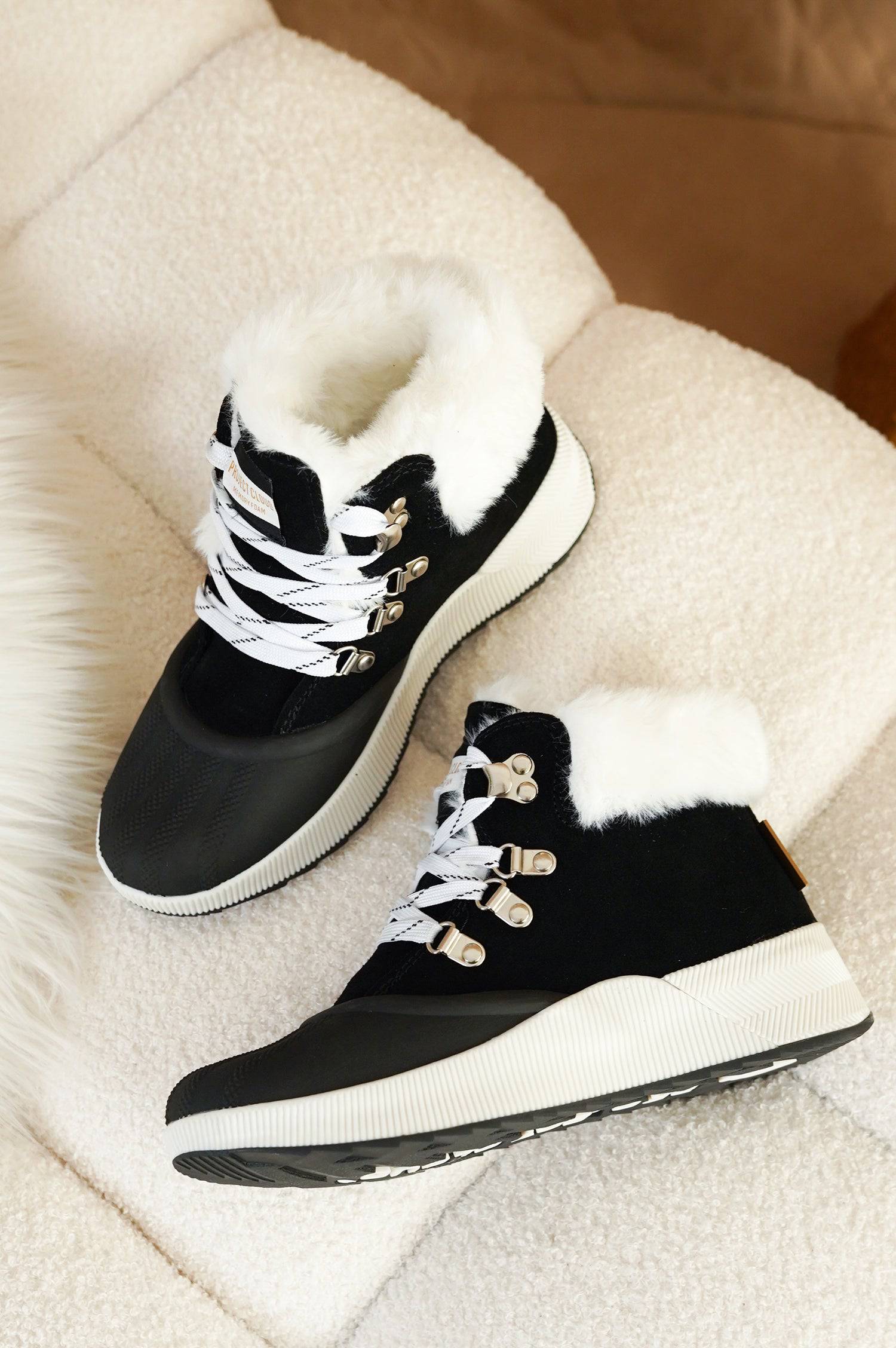 Project Cloud Terina Boots: Black suede waterproof boots with white faux fur trim and laces, memory foam.