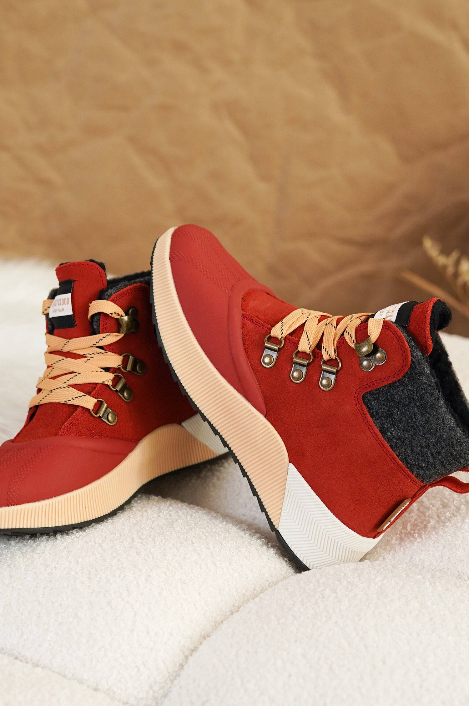 Project Cloud Terina Boots: Red suede women's waterproof boots with beige laces, non-slip sole and wool detail.