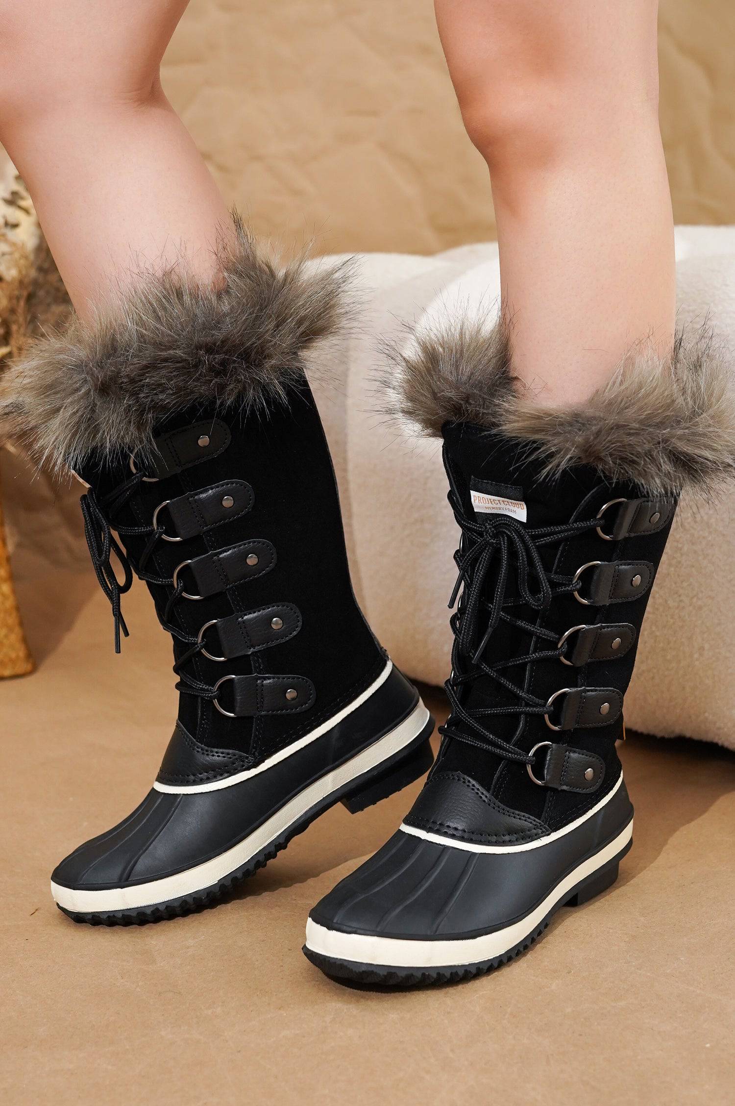 Ventura Black Snow Boots with Fur Trim, Waterproof Leather, Lace-up Design by Project Cloud, for Women's Winter