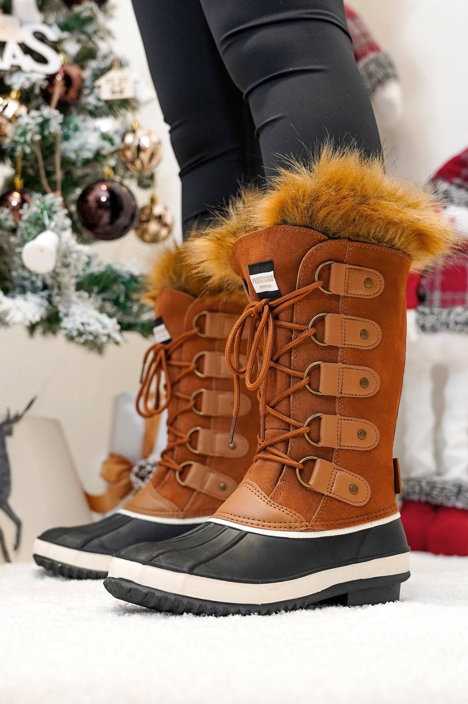 Ventura Women's Brown Snow Boots with fur trim, waterproof leather and lace-up design for winter