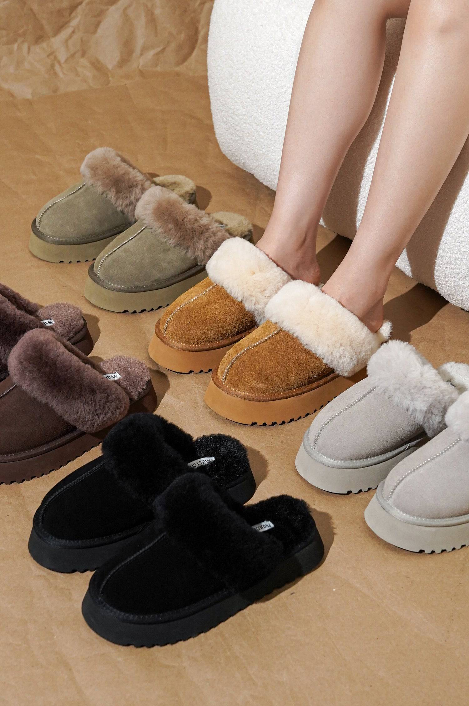 Project Cloud Viki platform slippers, suede and fur trim, memory foam, non-slip sole.