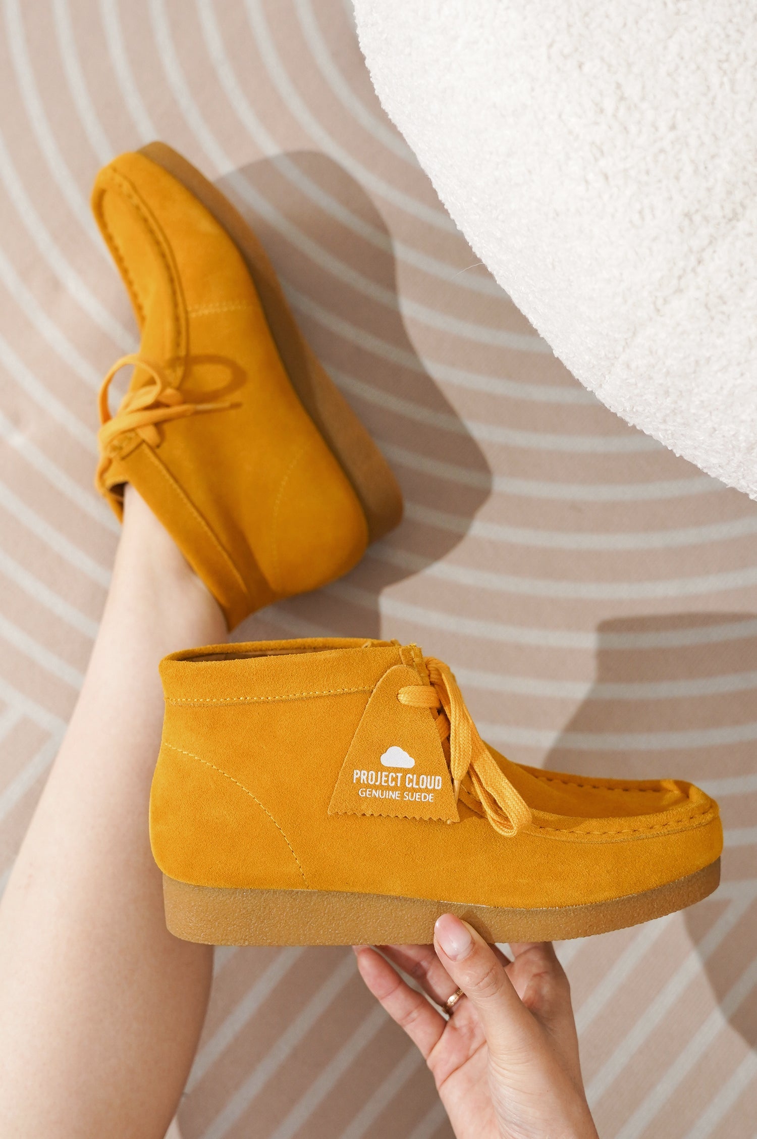Project Cloud mustard suede Wally Boot, women's ankle boot with genuine suede, memory foam, and non-slip sole.