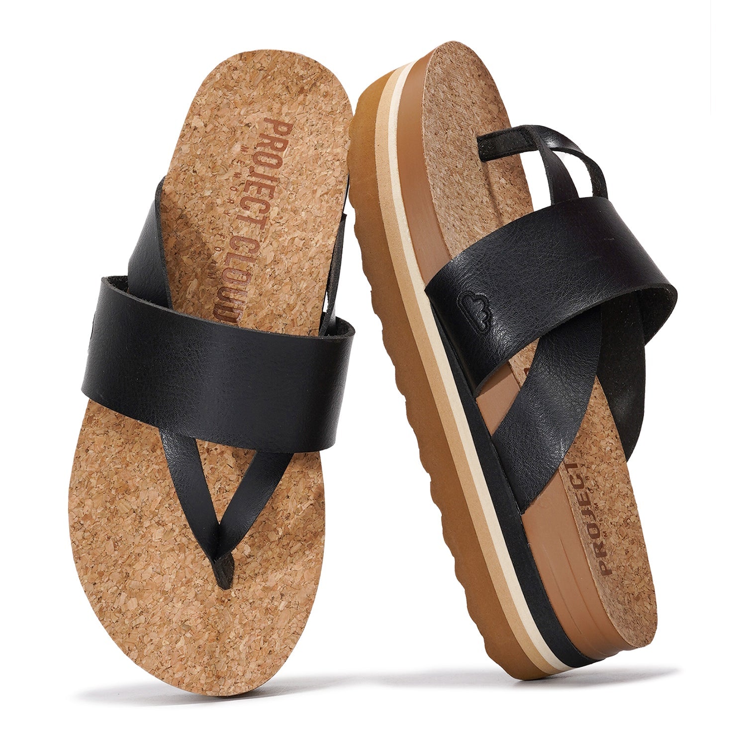 Project Cloud "Raft" black vegan leather wedge sandals with cork footbed and anti-slip sole.