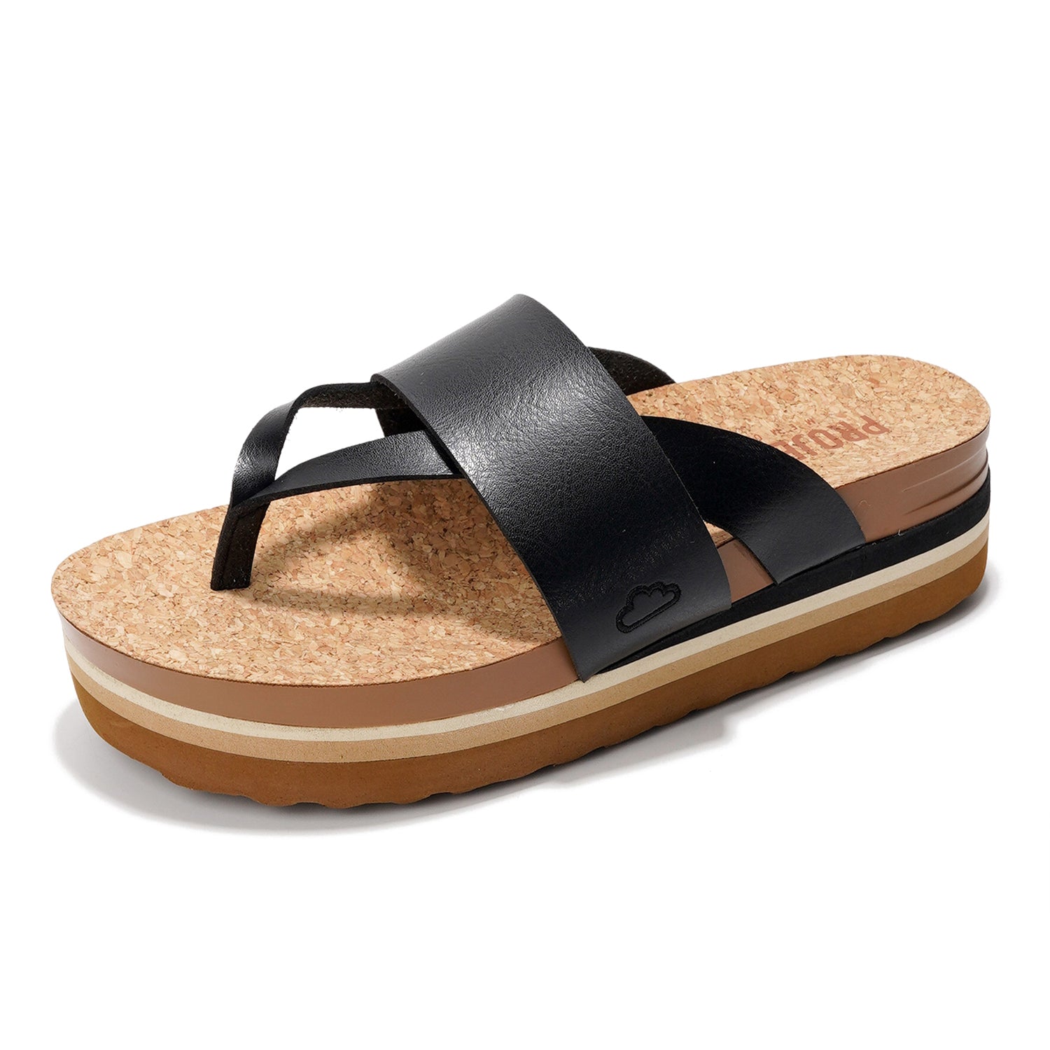 Project Cloud Raft black vegan leather wedge sandals with cork footbed and anti-slip sole.