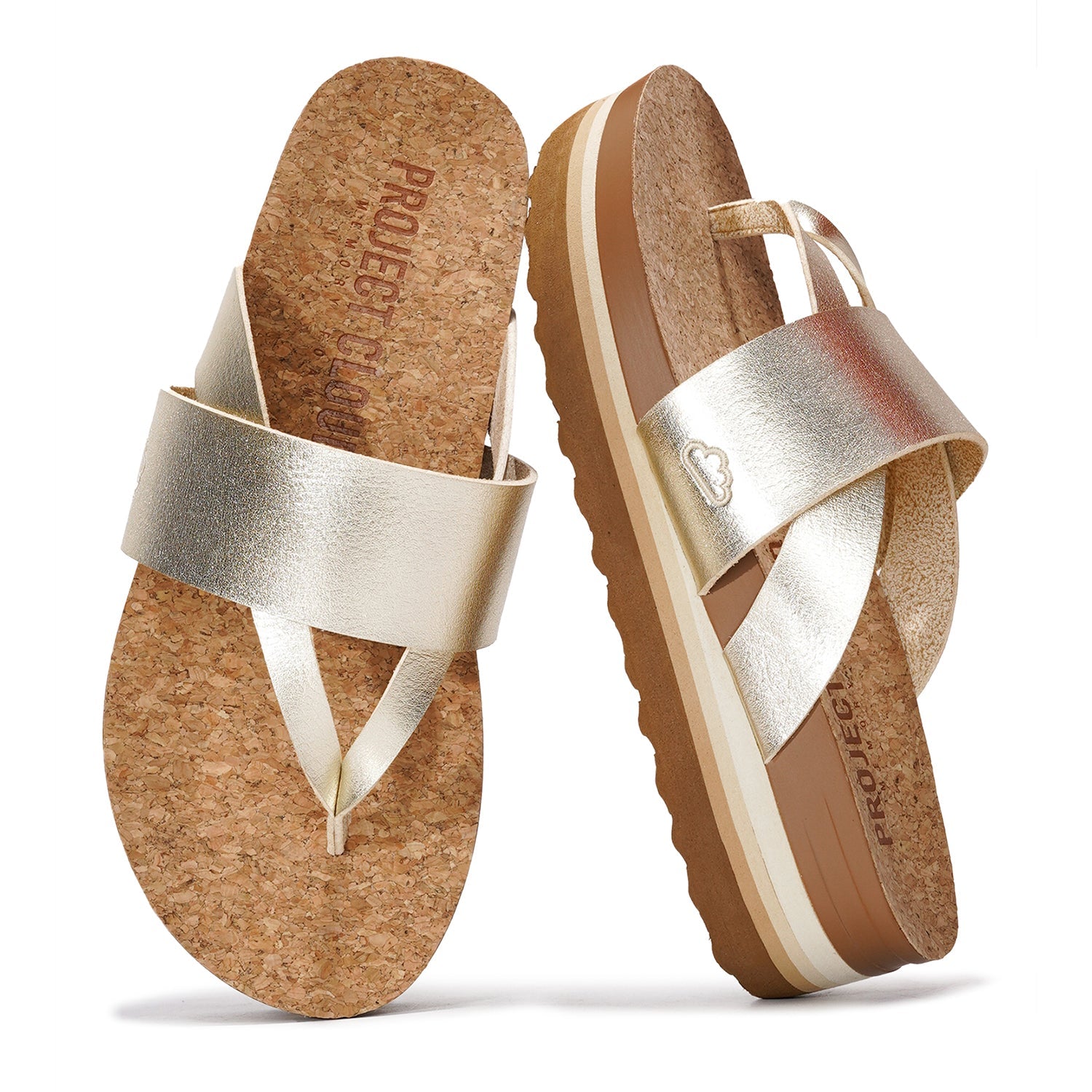 Gold Project Cloud Raft vegan leather wedge sandals with cork footbed and anti-slip sole.