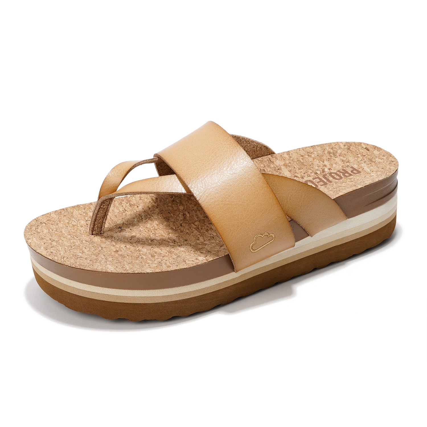 Project Cloud Raft vegan leather wedge sandals in tan with cork footbed and Project Cloud logo.