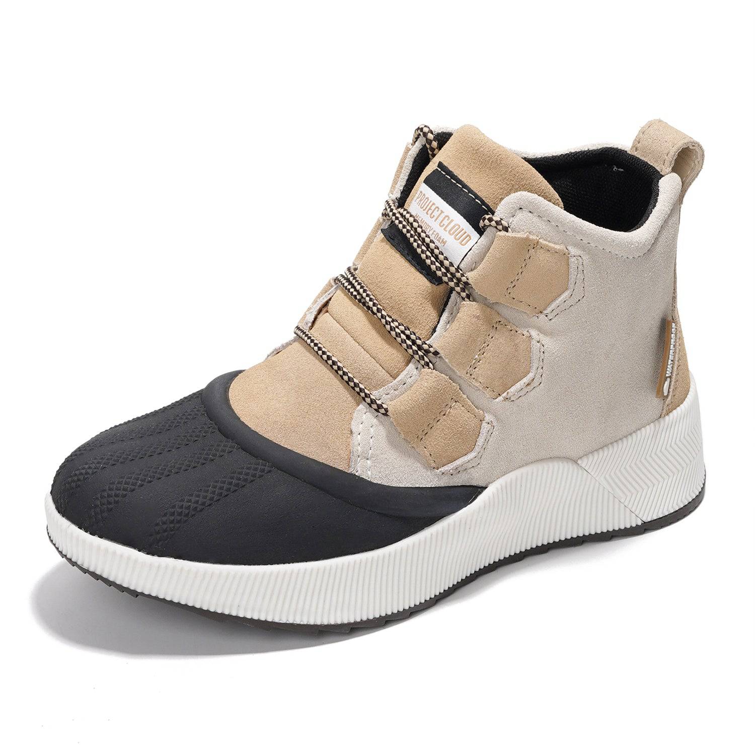 Project Cloud Rhianon women's waterproof snow boots in beige and brown suede with non-slip outsole