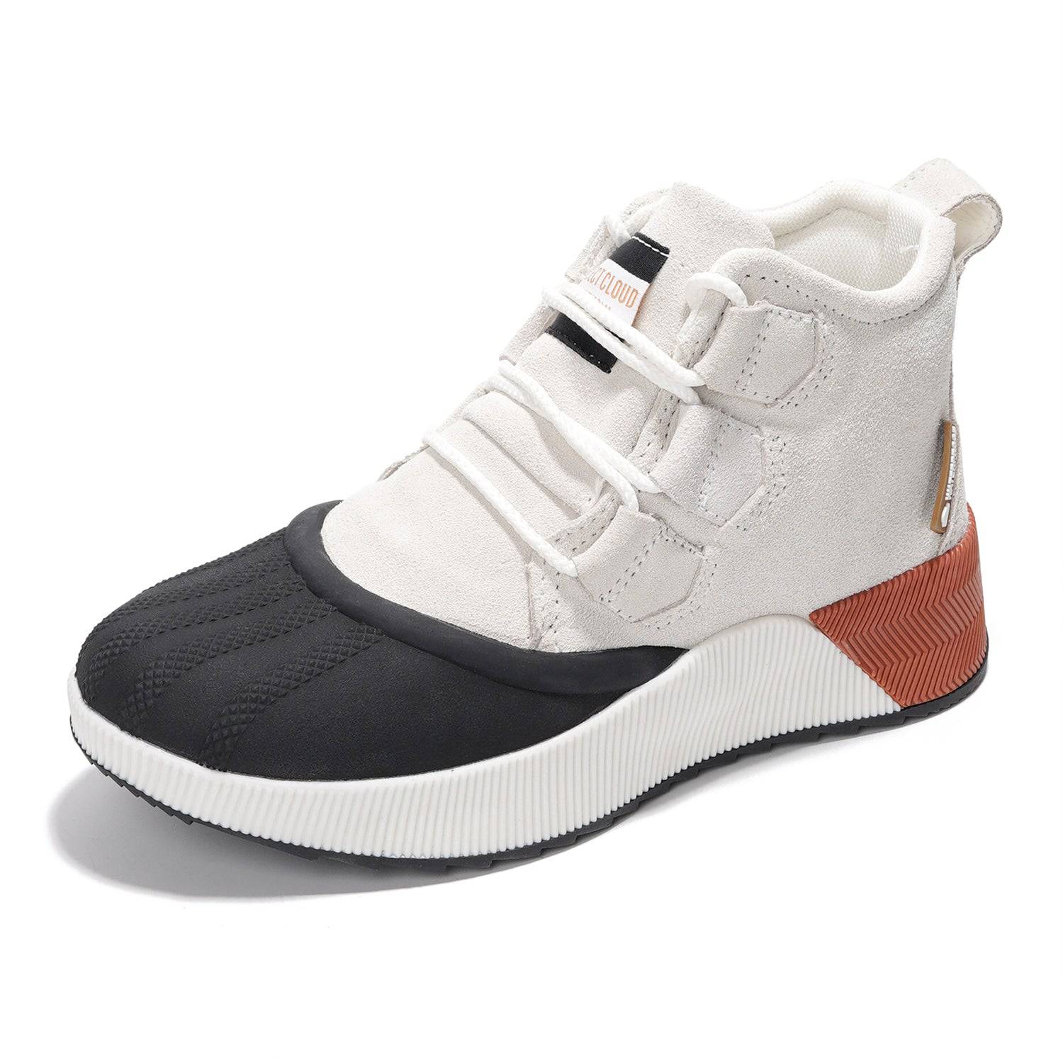 Project Cloud Rhianon women's waterproof snow boots, white suede upper with black toe, memory foam, non-slip outsole