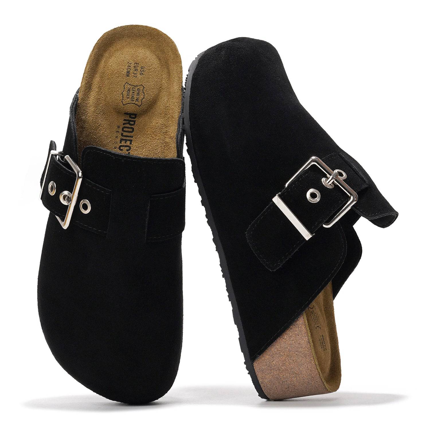 Black Rhona Clogs for Women from Project Cloud, featuring memory foam and adjustable buckle.