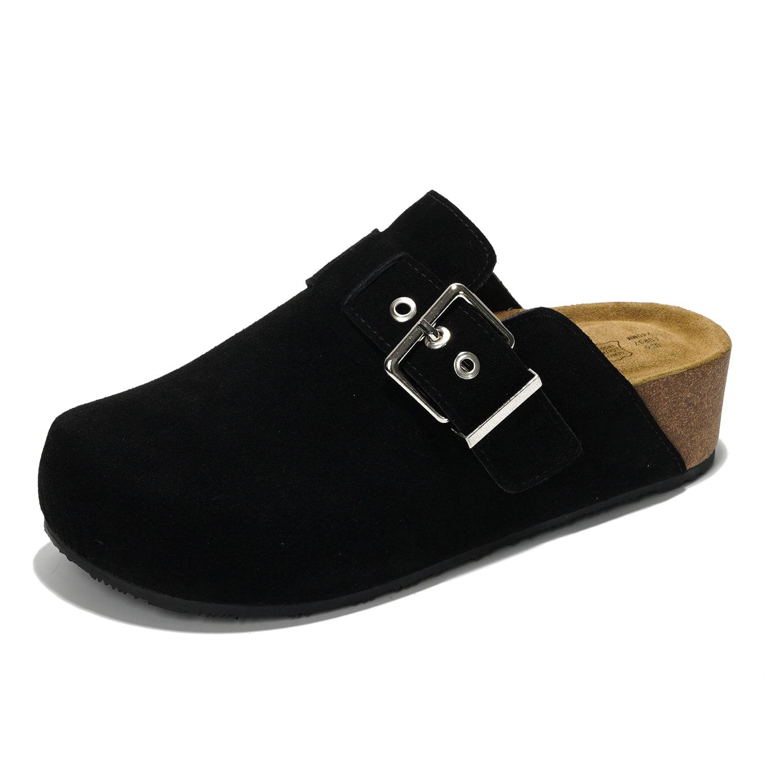 Black Rhona Clog for Women. Featuring adjustable buckle, suede upper, and Project Cloud comfort.
