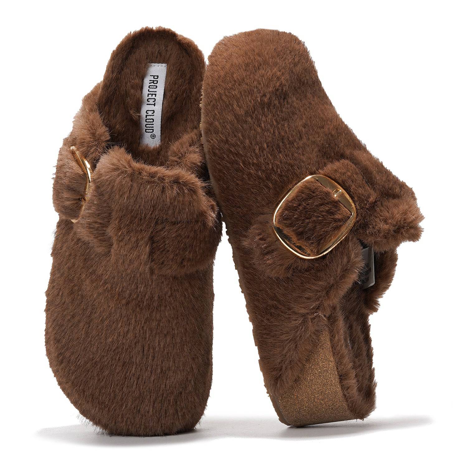 Project Cloud Rhona Clogs in Brown featuring faux fur, adjustable buckle and memory foam footbed.