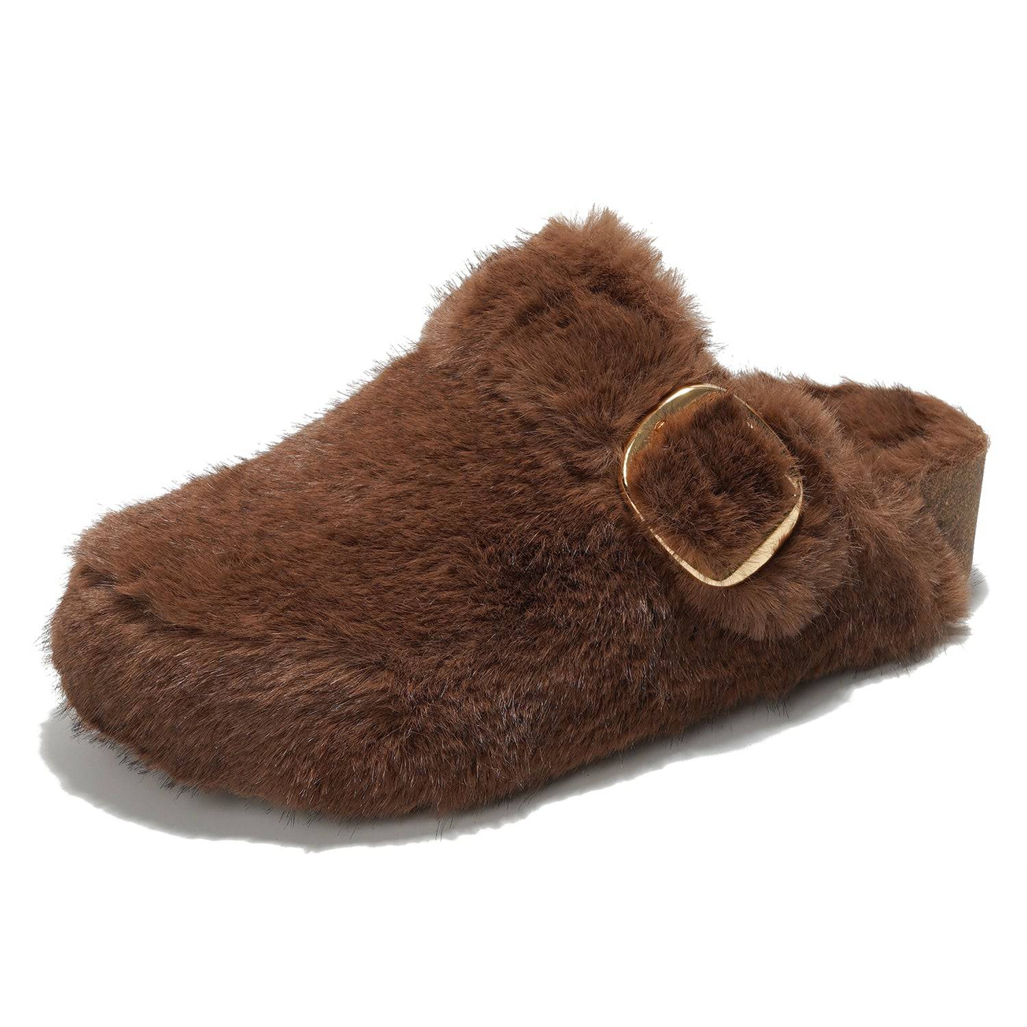 Brown Rhona Clog with faux fur, adjustable buckle, Project Cloud comfort.