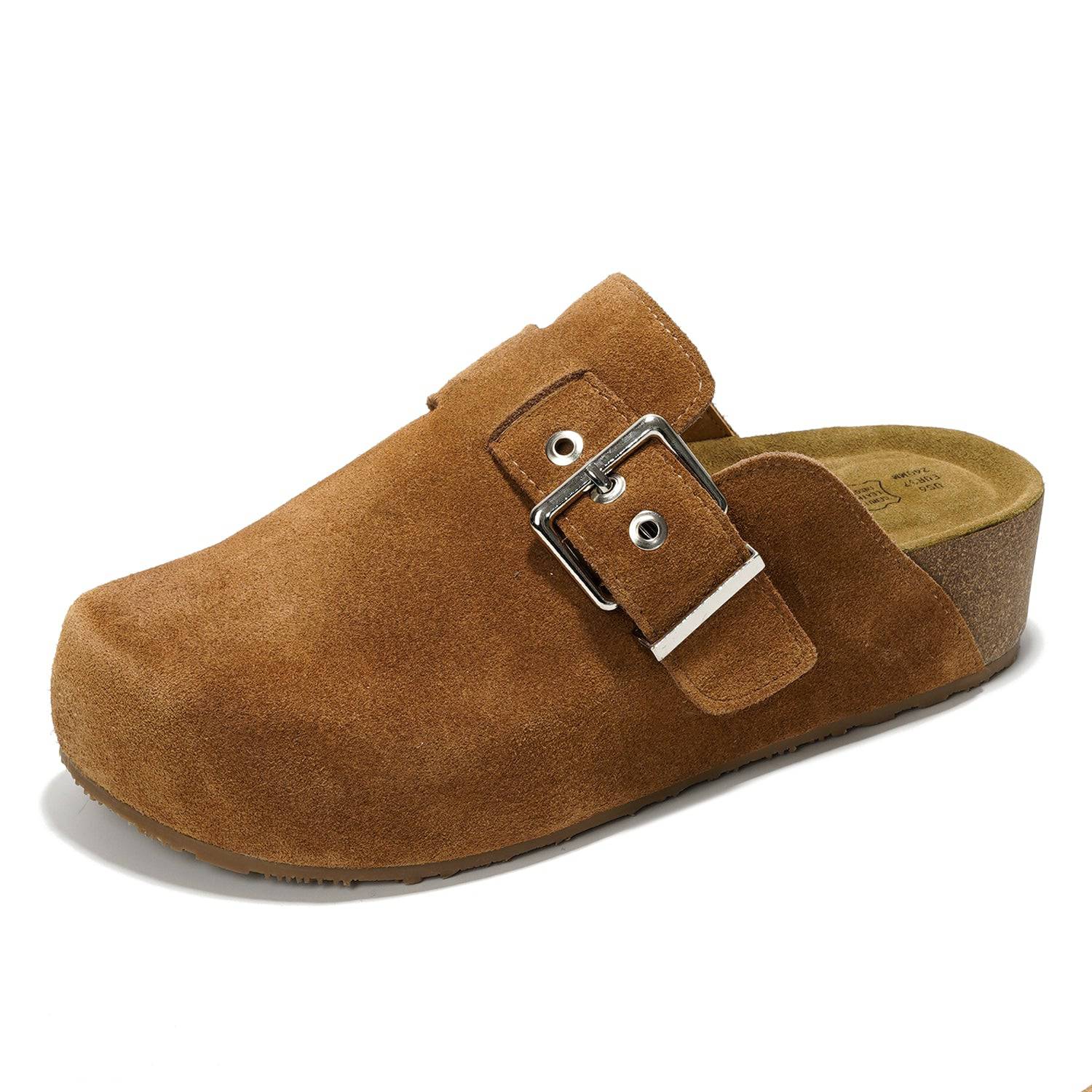 Brown suede Rhona clog with adjustable buckle. Project Cloud's comfort and style.