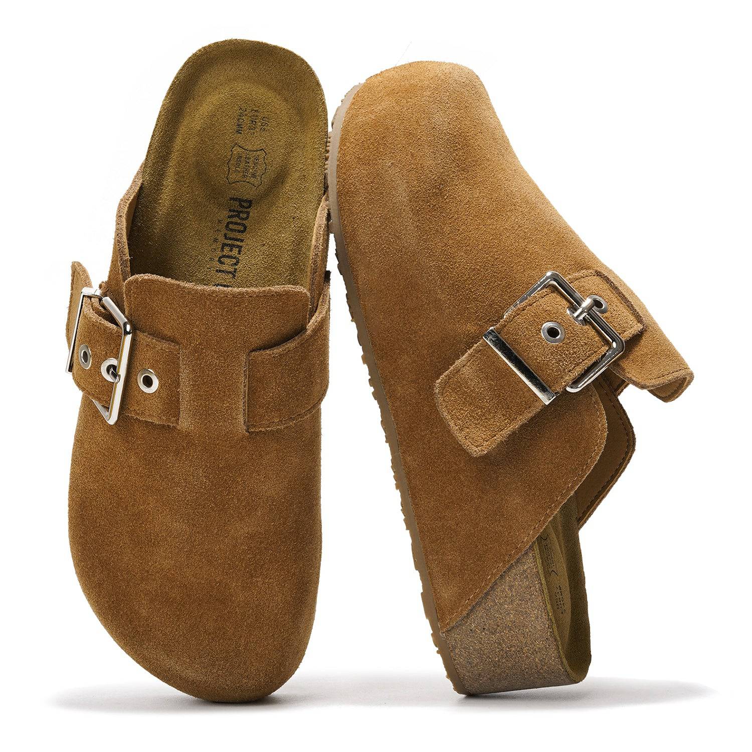Project Cloud Rhona Clogs in brown suede, adjustable buckle, memory foam footbed.