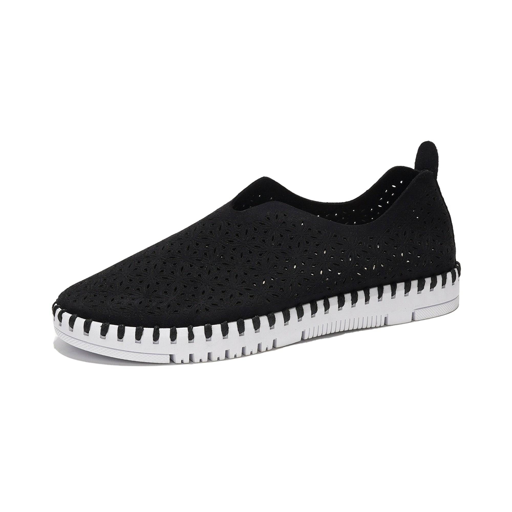 Black floral cut-out slip-on sneakers for women, white sole. Lightweight and breathable.