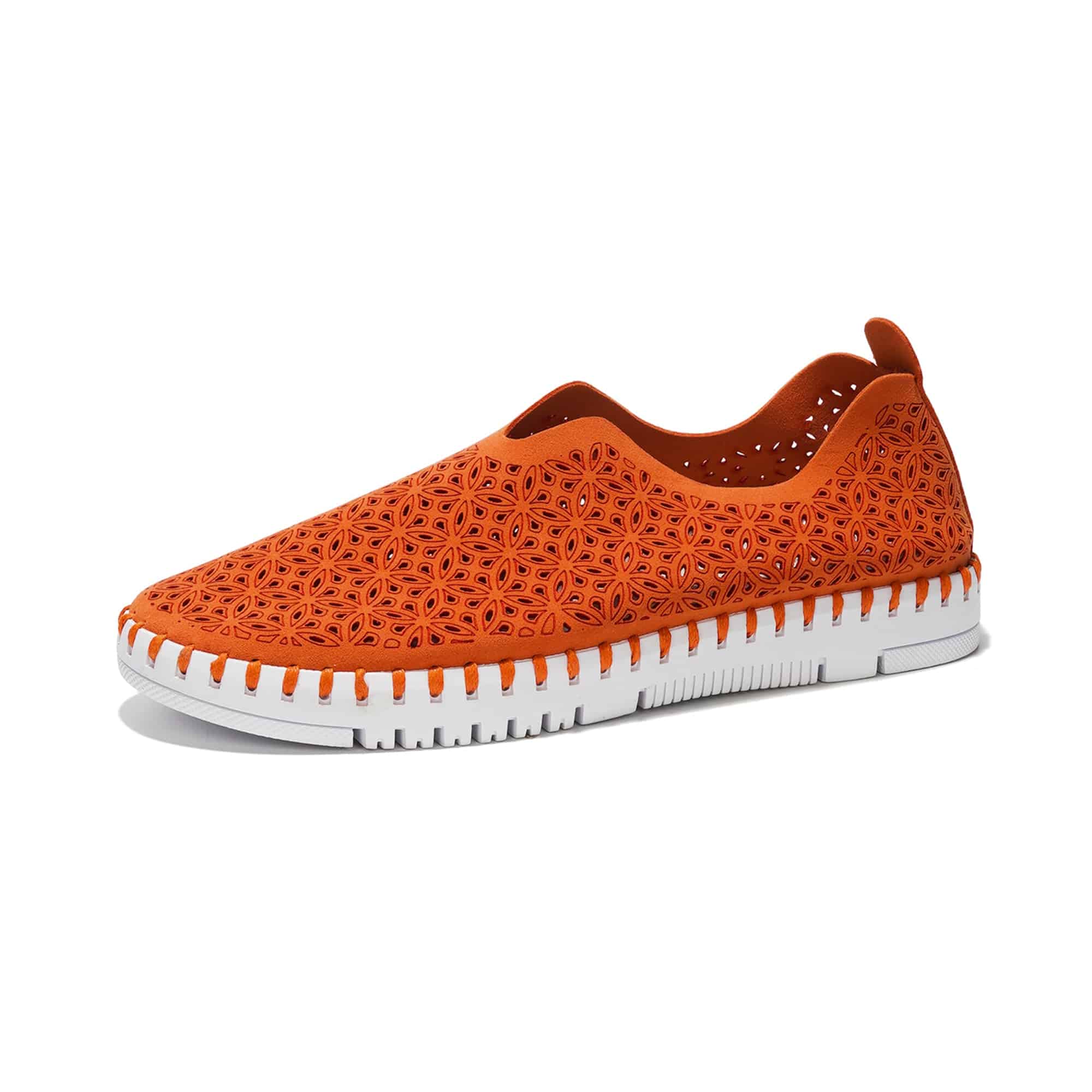 Orange perforated slip-on sneakers for women. Lightweight and breathable, white sole.
