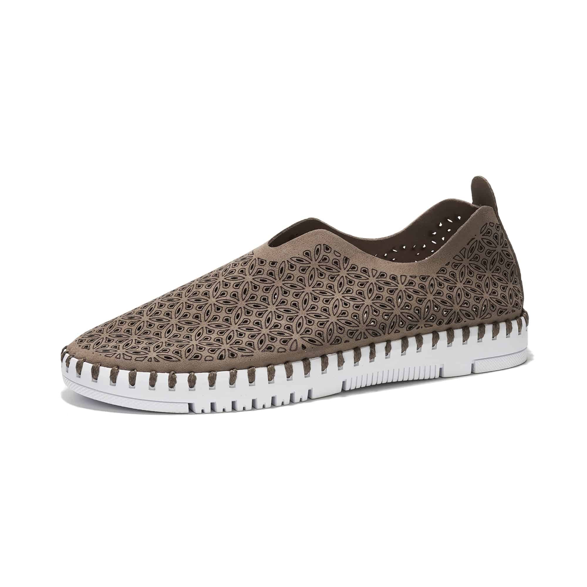 Brown laser-cut slip-on sneakers for women with white sole. Featuring Project Cloud memory foam insole and breathable design.