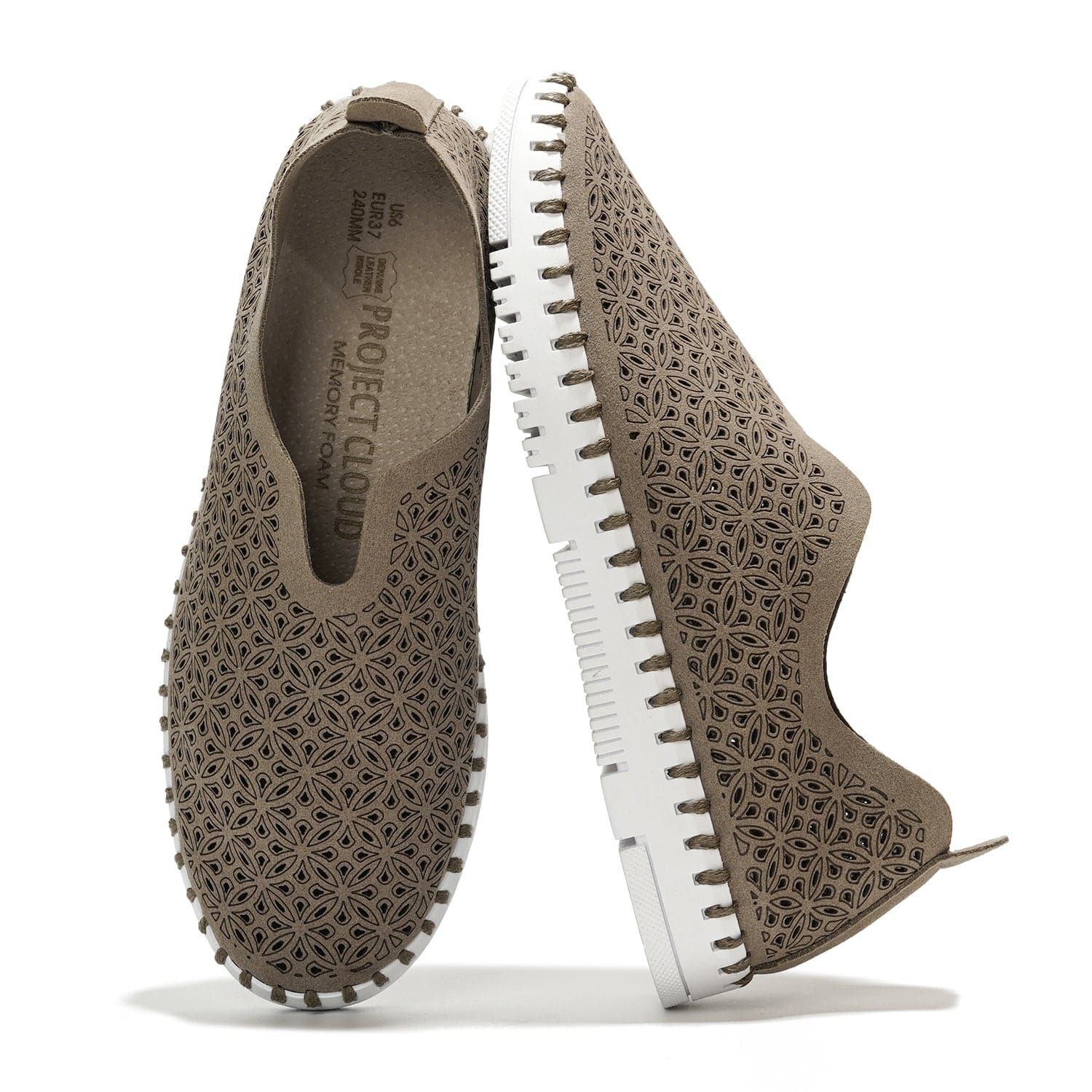 Taupe laser-cut slip-on sneakers for women, Project Cloud memory foam insole, white sole. Lightweight and breathable design.