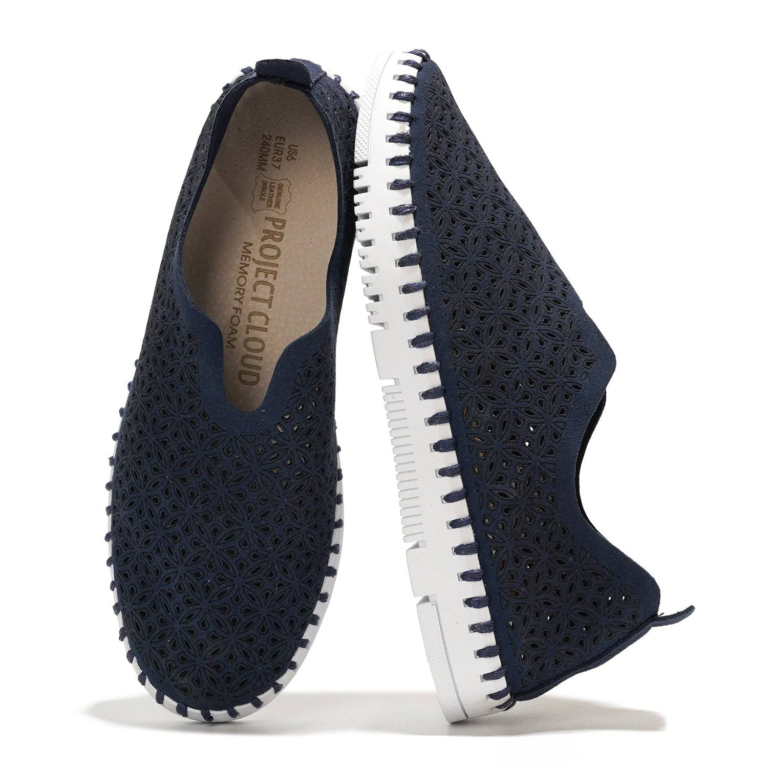 Navy laser-cut slip-on sneakers, Project Cloud memory foam, white sole, women's comfortable loafers