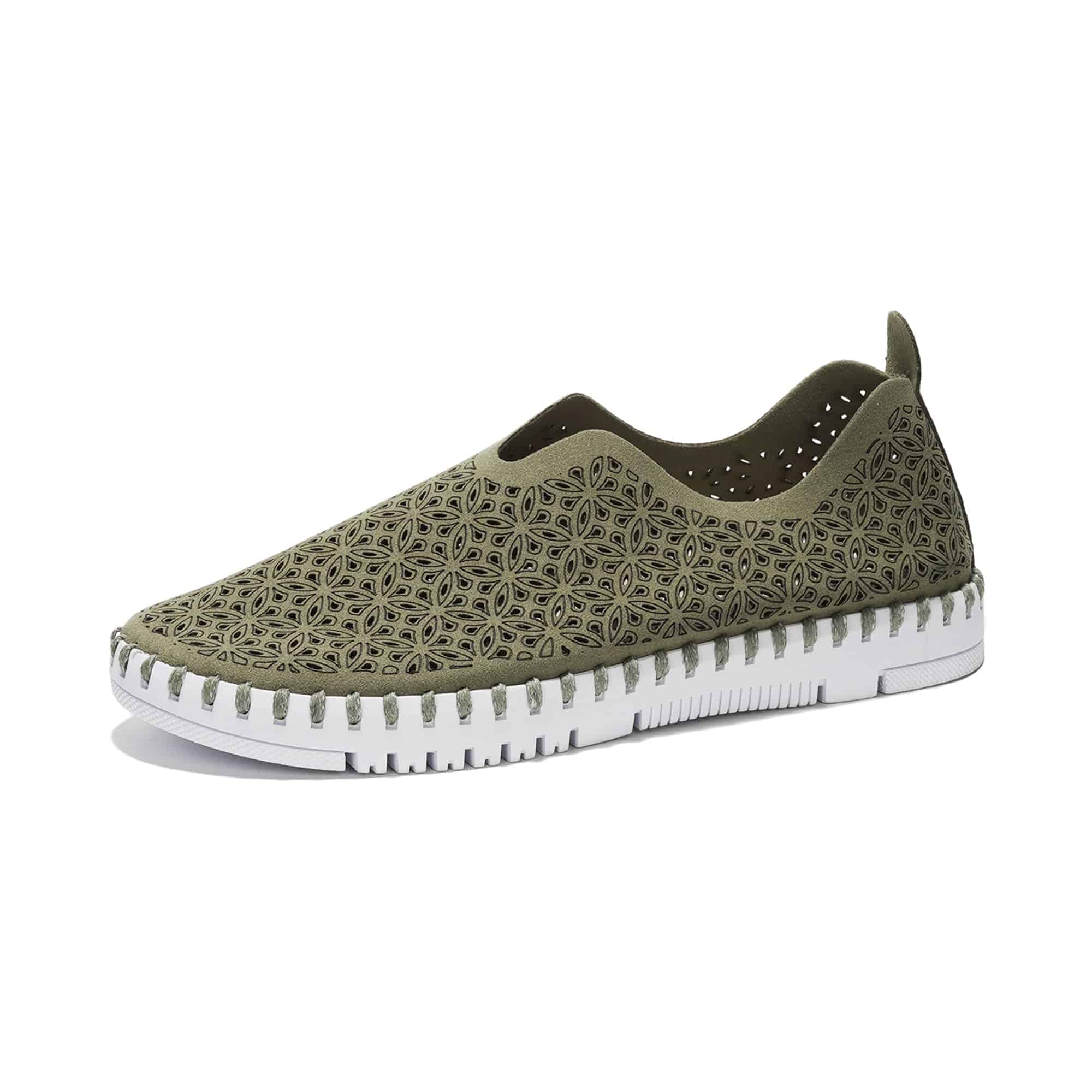 Olive green laser-cut slip-on sneakers for women with a white sole. Project Cloud's comfortable, breathable design.