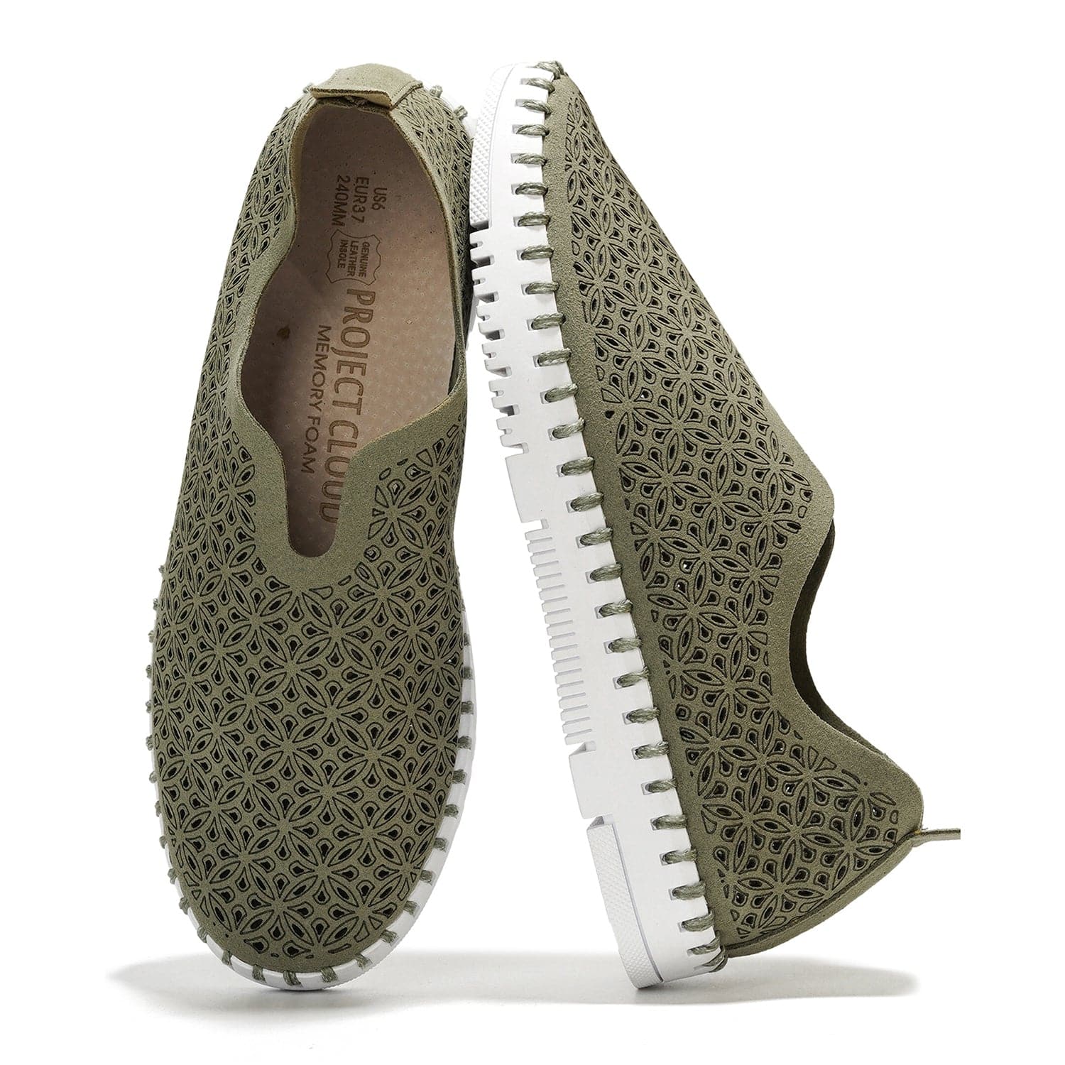 Olive green floral laser cut slip-on sneakers for women, Project Cloud memory foam, leather insole, white sole.