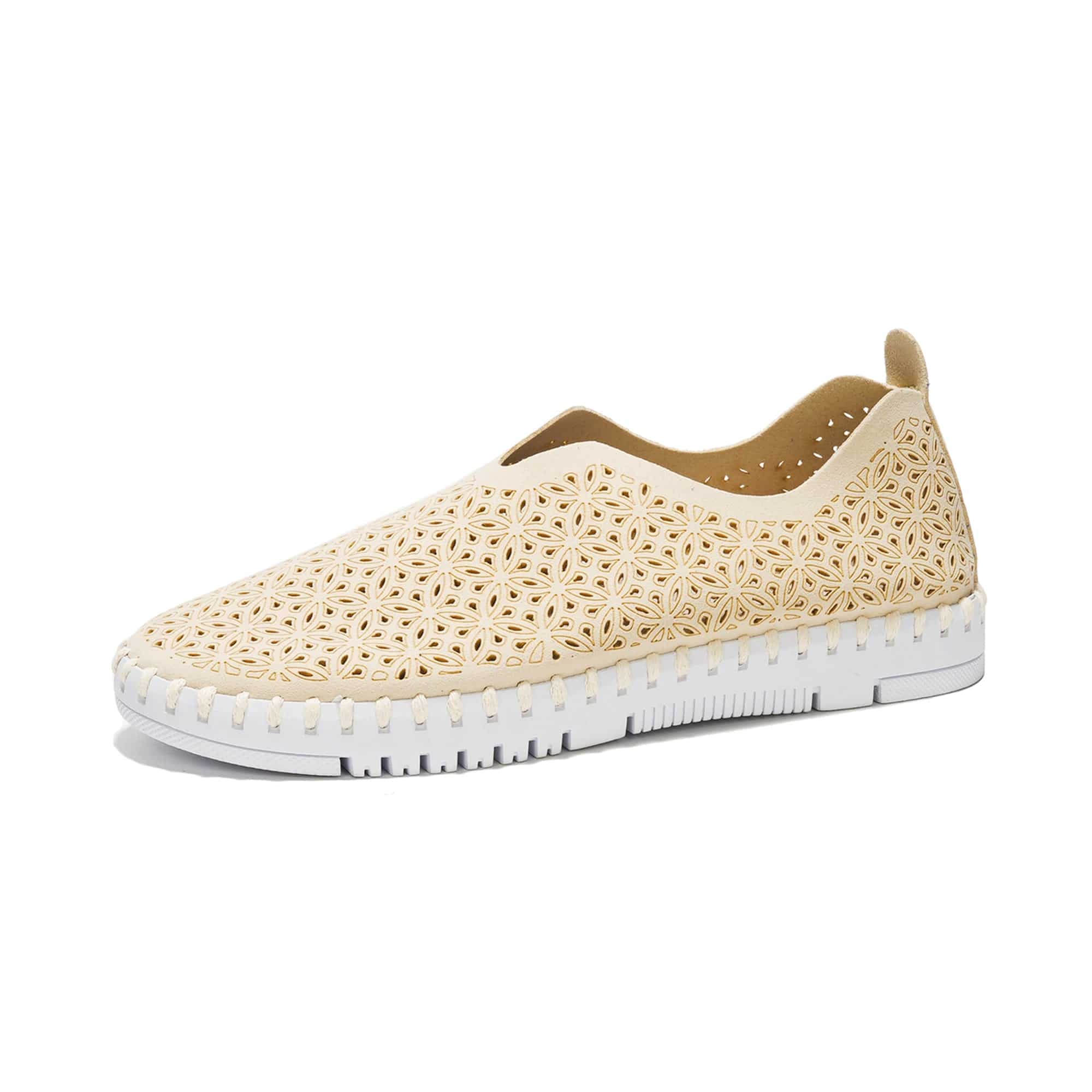 Beige perforated slip-on sneakers for women. Featuring a floral design, white sole, and Project Cloud's memory foam insole.