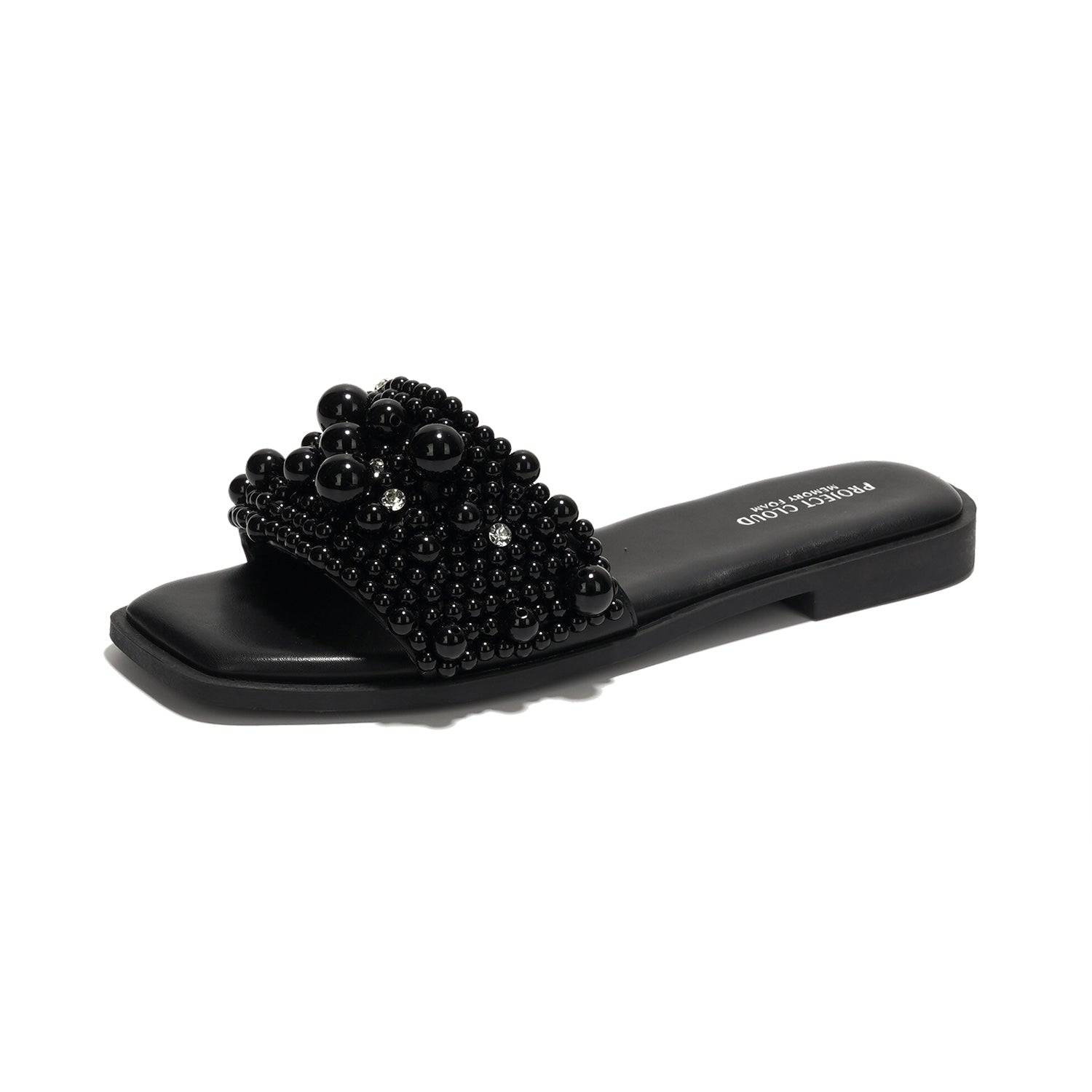 Project Cloud black rhinestone Rosemary sandals with memory foam, slip-on design for women