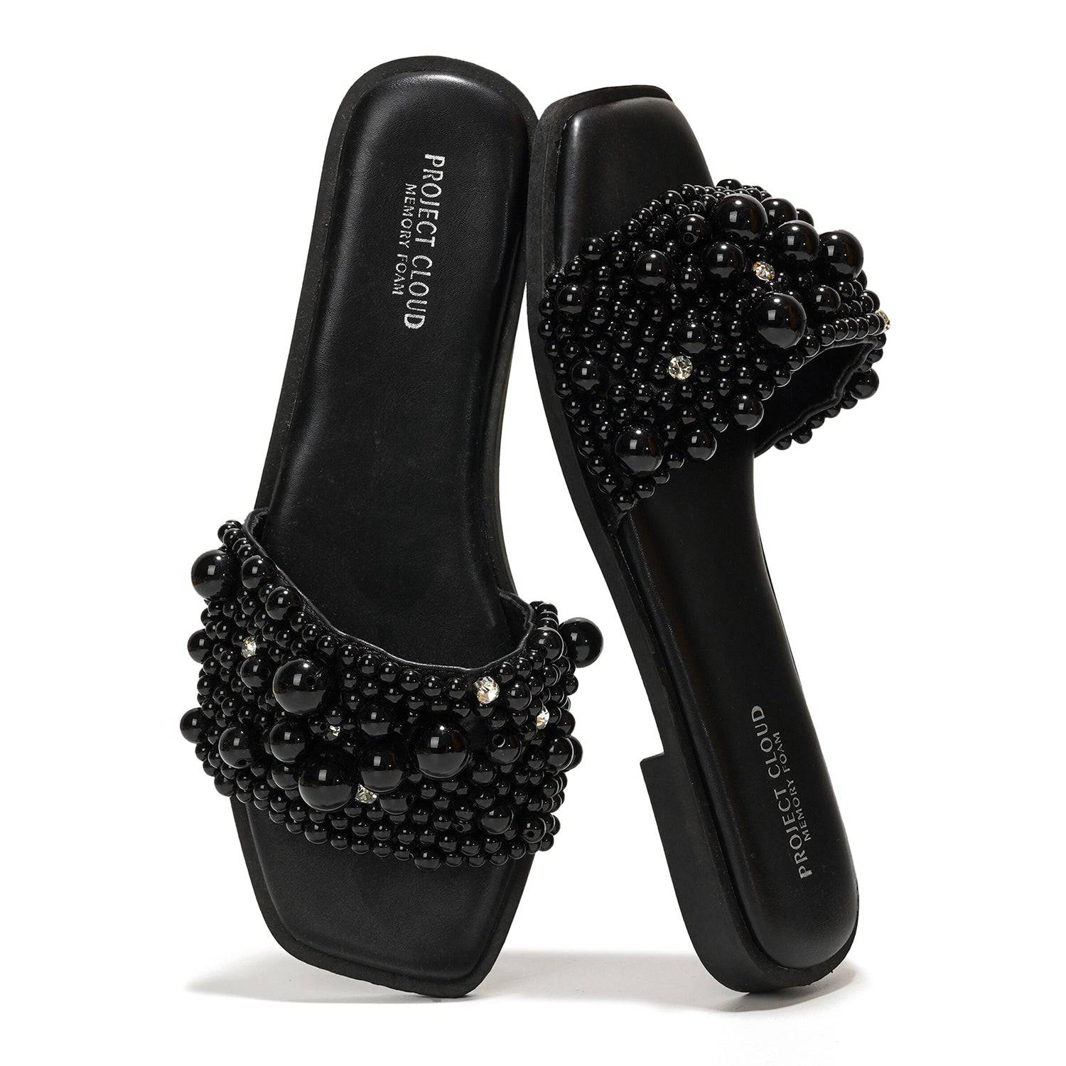 Project Cloud Black Rhinestone Sandals with Memory Foam, Black Pearl Embellished Slip-on Sandals for Women
