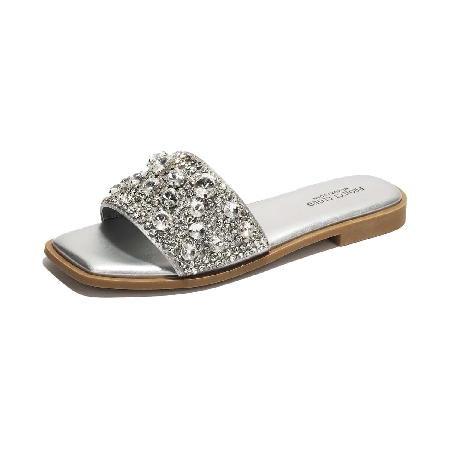 Project Cloud Rosemary Rhinestone Sandals for Women. Silver slip-on flat sandals with memory foam and pearl embellishments.