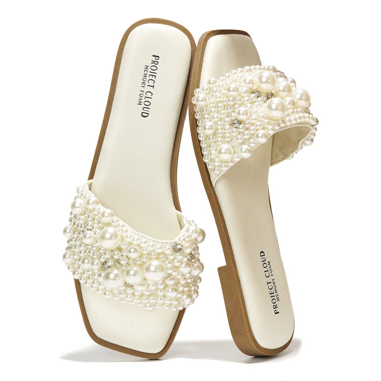 Project Cloud Rosemary Rhinestone Sandals: White slip-on sandals with pearl embellishments and memory foam, ideal for women.