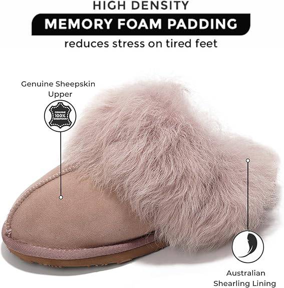 Ryann Women's blush suede sheepskin scuff slippers with shearling trim, memory foam padding, Australian slides