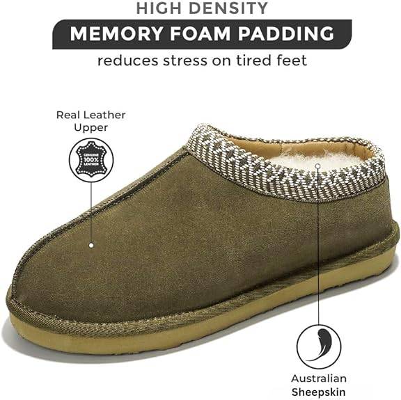 Olive green Australian sheepskin men's slipper with memory foam, leather upper, and non-slip sole.