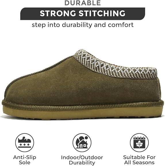 Men's olive green sheepskin slipper with strong stitching, non-slip sole, for all seasons.