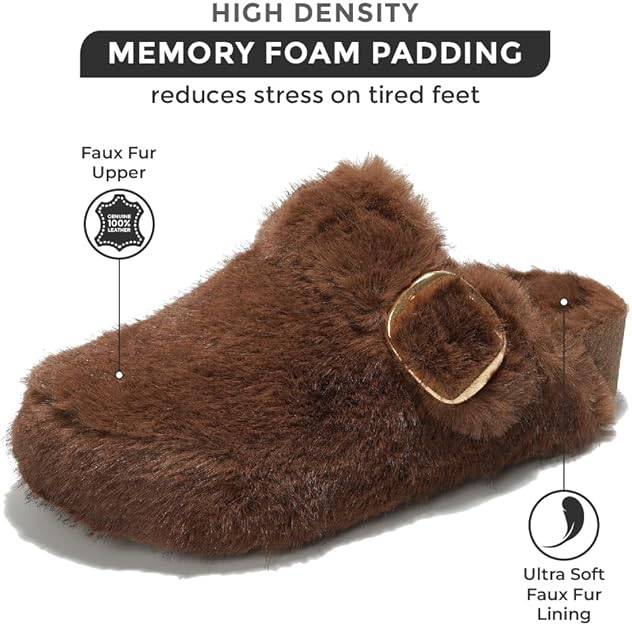 Women's Rhona clog in brown, featuring memory foam padding and faux fur lining for all-day comfort.