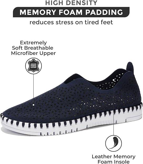 Blue slip-on sneaker: laser-cut design, memory foam, microfiber upper, leather insole. Comfortable women's footwear.