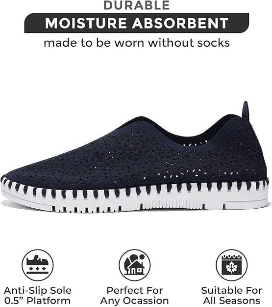 Navy blue laser-cut slip-on, moisture-wicking, anti-slip, all-season comfort. Women's slip-on sneakers.