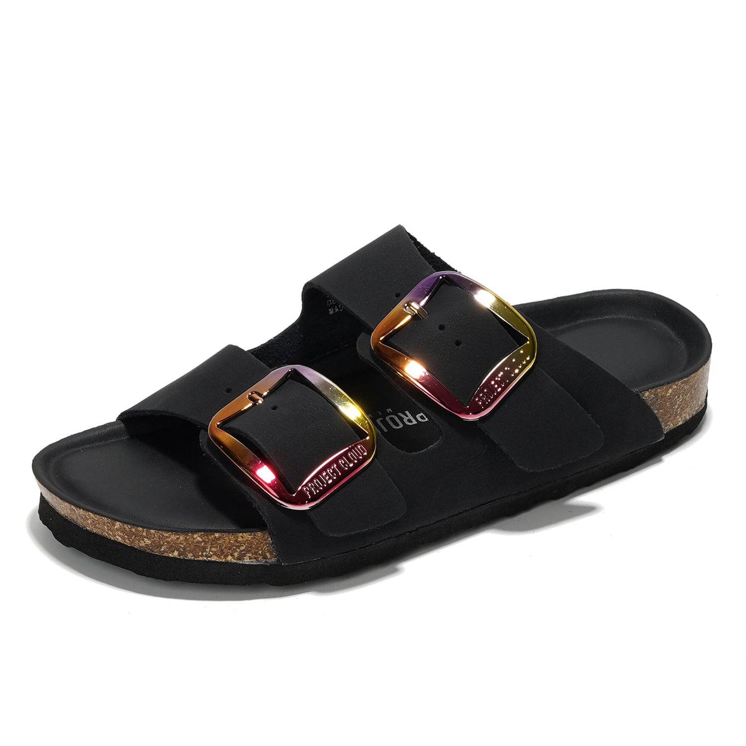 Project Cloud Black Leather Sandals with Multi-Color Buckles