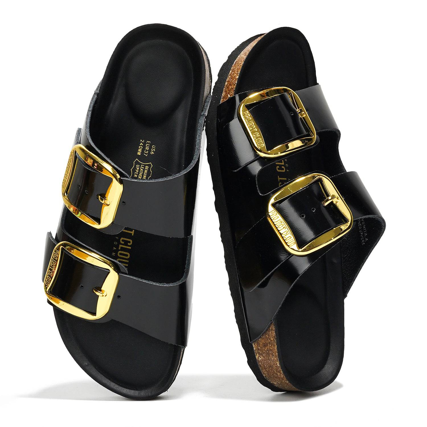 Project Cloud Santorini Black Leather Sandals with Gold Buckles - Comfortable Beach Essentials