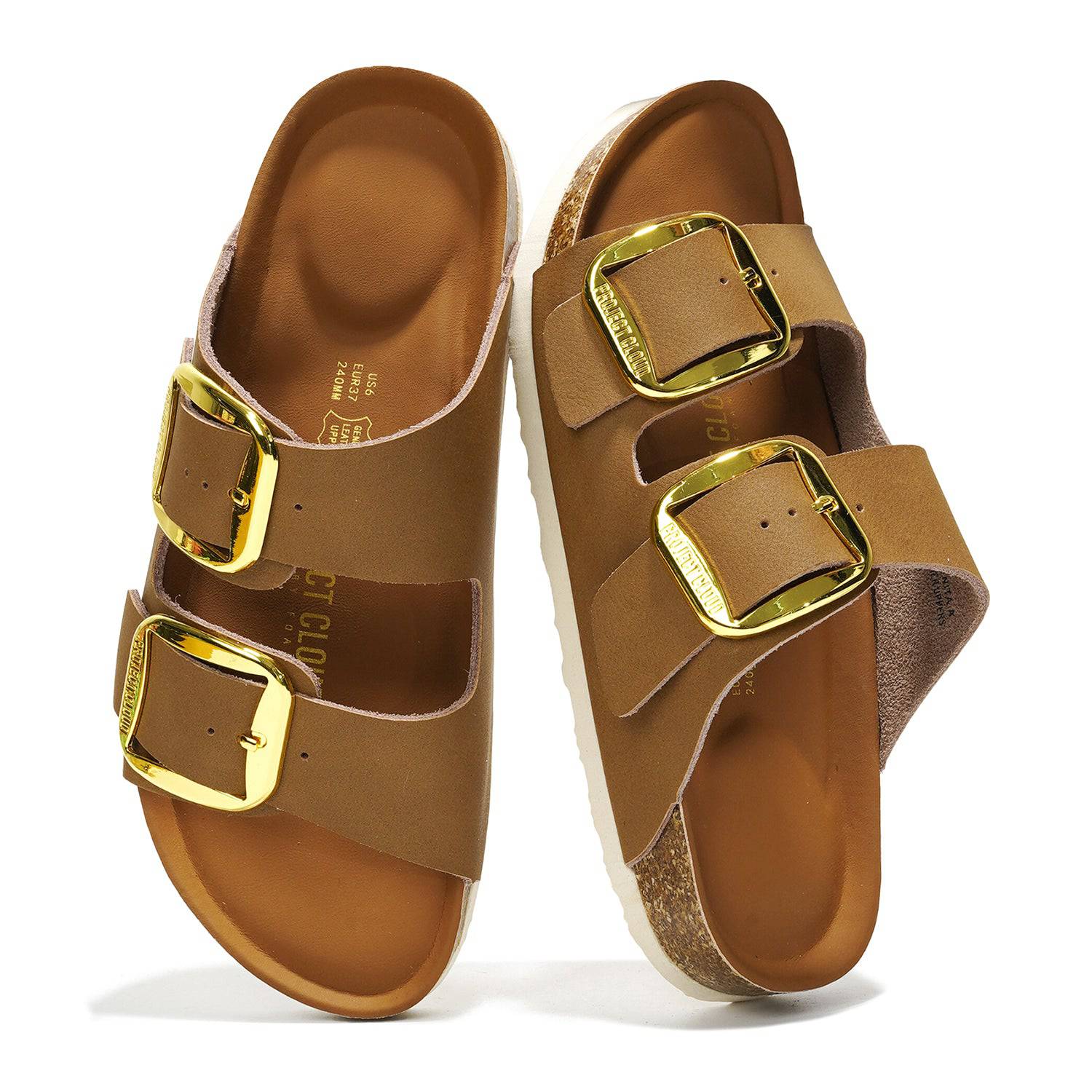 Project Cloud Santorini Leather Sandals in Brown with Gold Buckles - Comfortable Beach Essentials