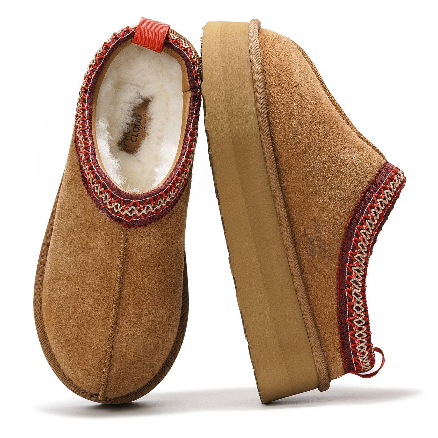 Brown suede Sayre platform slippers for women with faux fur lining and memory foam, Project Cloud.