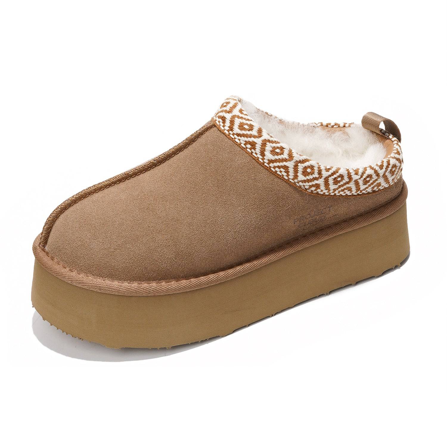 Brown suede Sayre platform slippers for women with faux fur lining and geometric collar from Project Cloud