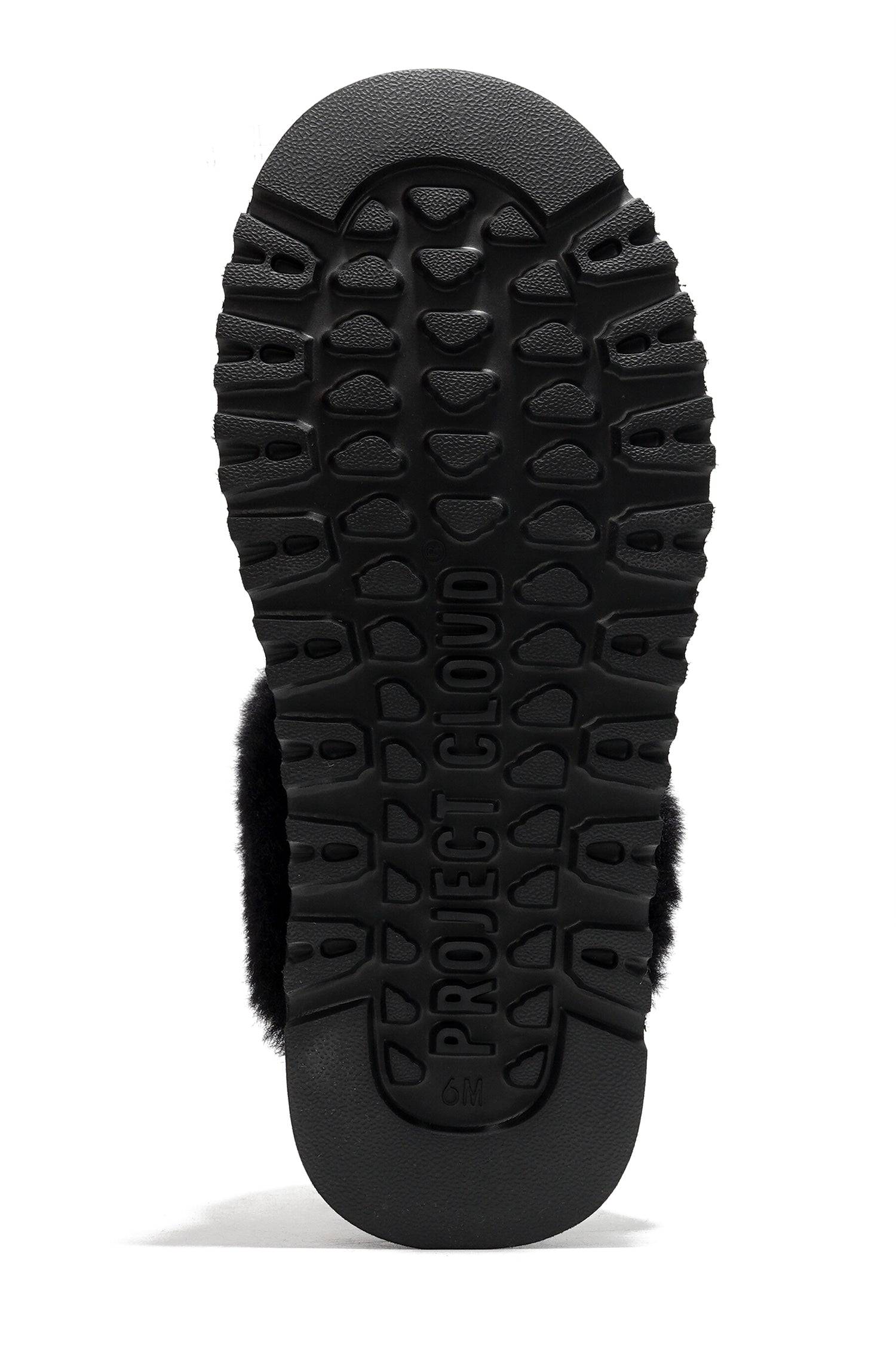 Project Cloud Slingy slipper black EVA outsole, 6M size, fur detail, perfect for indoor and outdoor use.