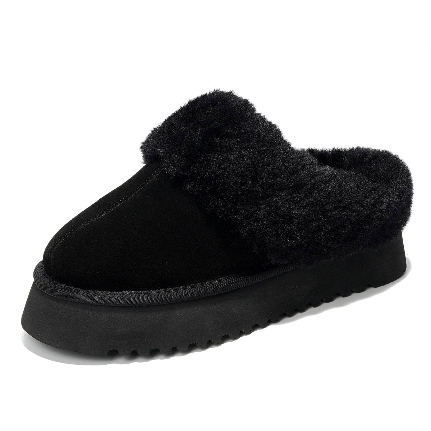 Project Cloud Snowy Women's Black Suede Platform Slippers with Fluffy Fur Lining