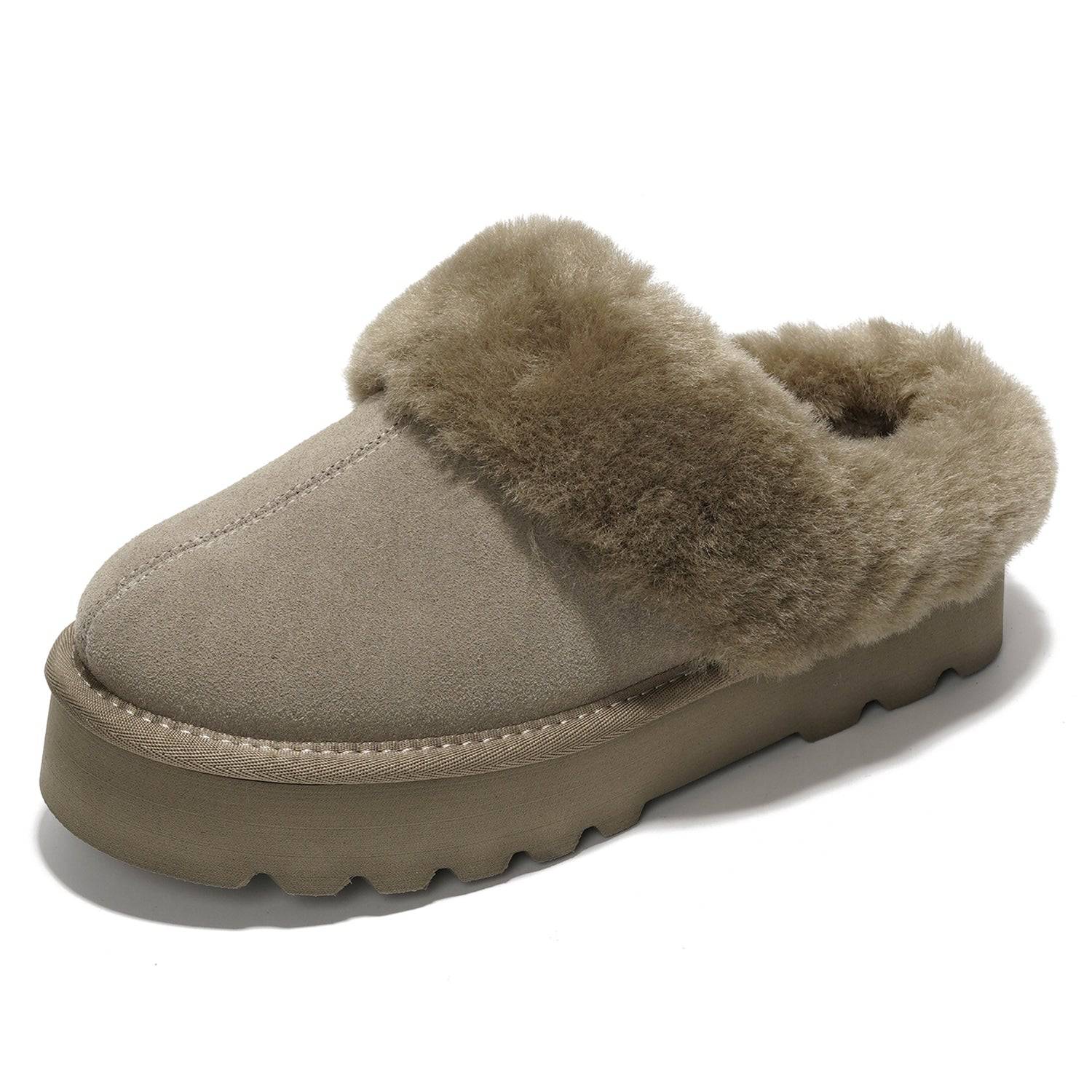 Snowy Platform Slipper in taupe suede with fur lining. Memory foam insole & EVA outsole.