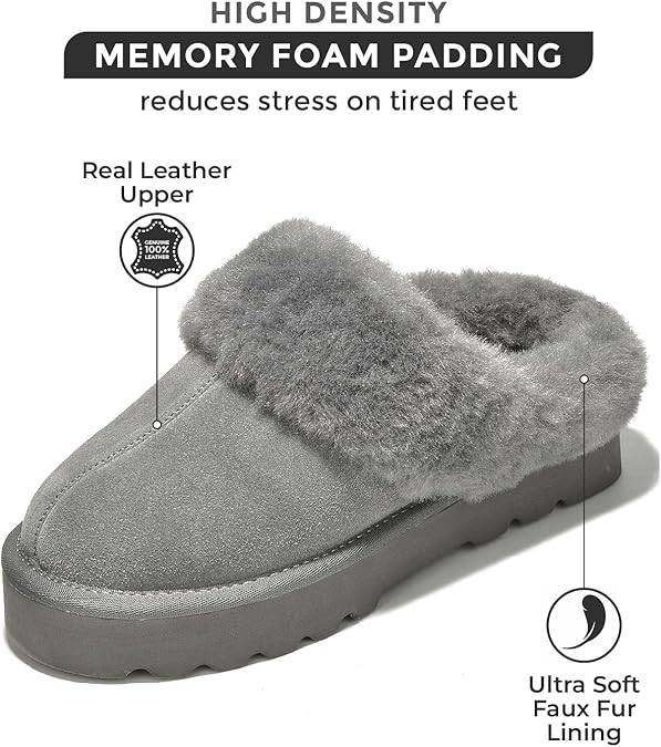 Project Cloud Snowy Women's Suede Slippers with Memory Foam: Gray Suede, Faux Fur Lining, and High Density Memory Foam.