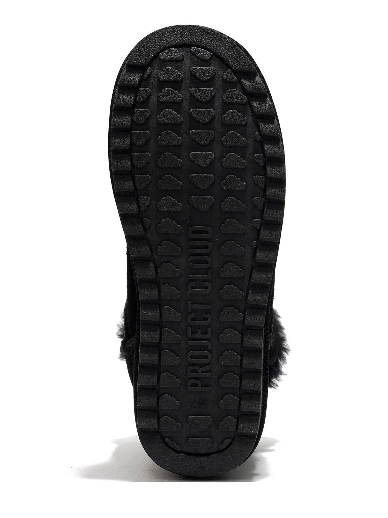 Project Cloud Timmy Mini Boots: Black rubber sole, tread detail, and Project Cloud branding.